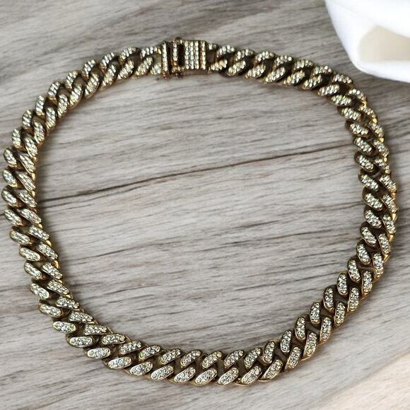 Cuban Link Rhinestone Statement Necklace Gold Tone Chunky Chain Vintage Y2K Glam - Picture 3 of 4